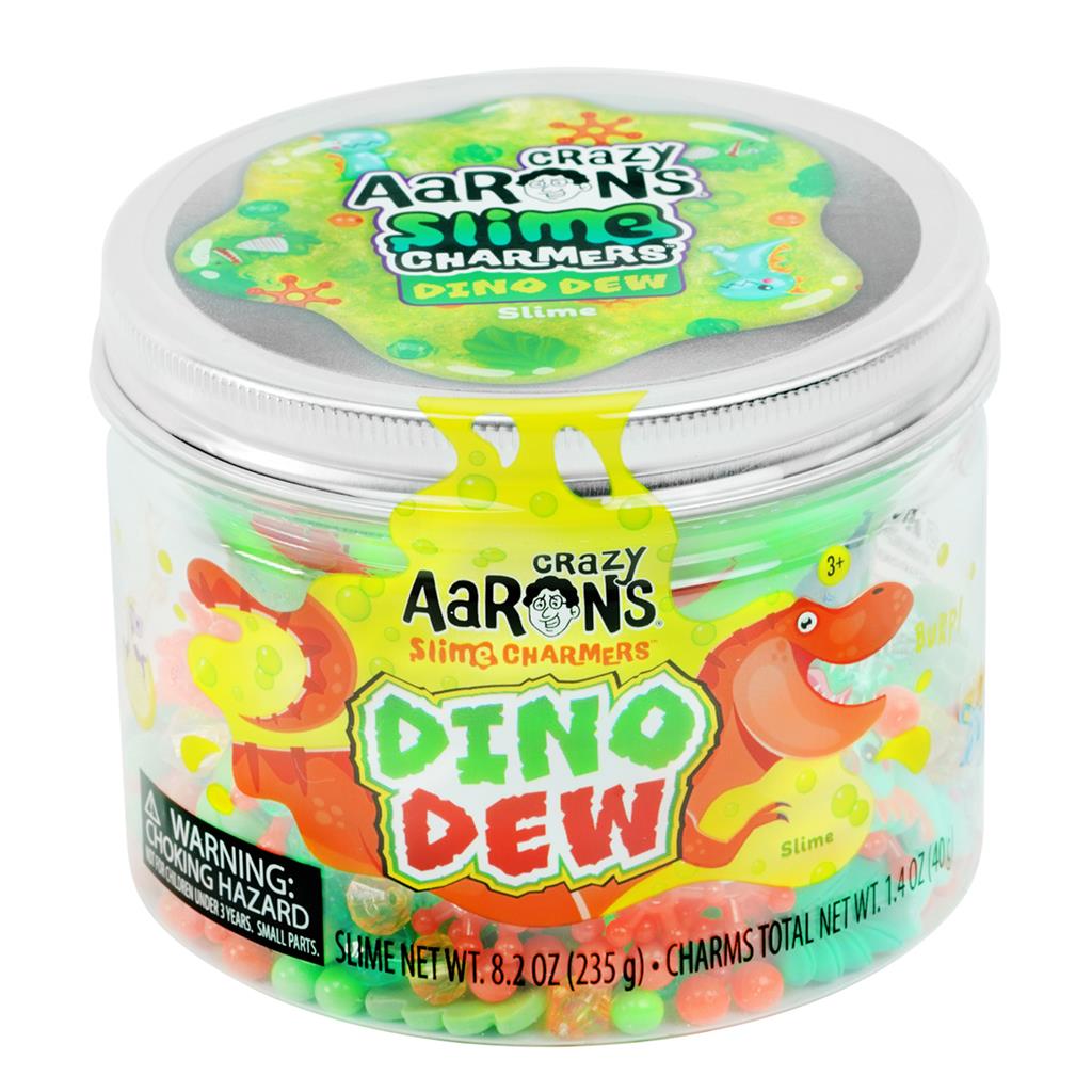 Gesloten pot Crazy Aaron's Slime Charmers Dino Dew met zilverkleurig deksel en kleurrijk dinosauruslabel.