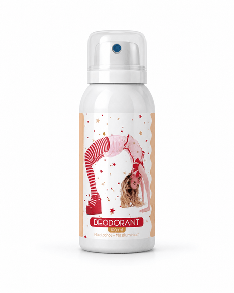 Deodorant Camille Circus 2026 in witte spuitbus met transparante dop en etiket met sterren en Camille in circusoutfit.