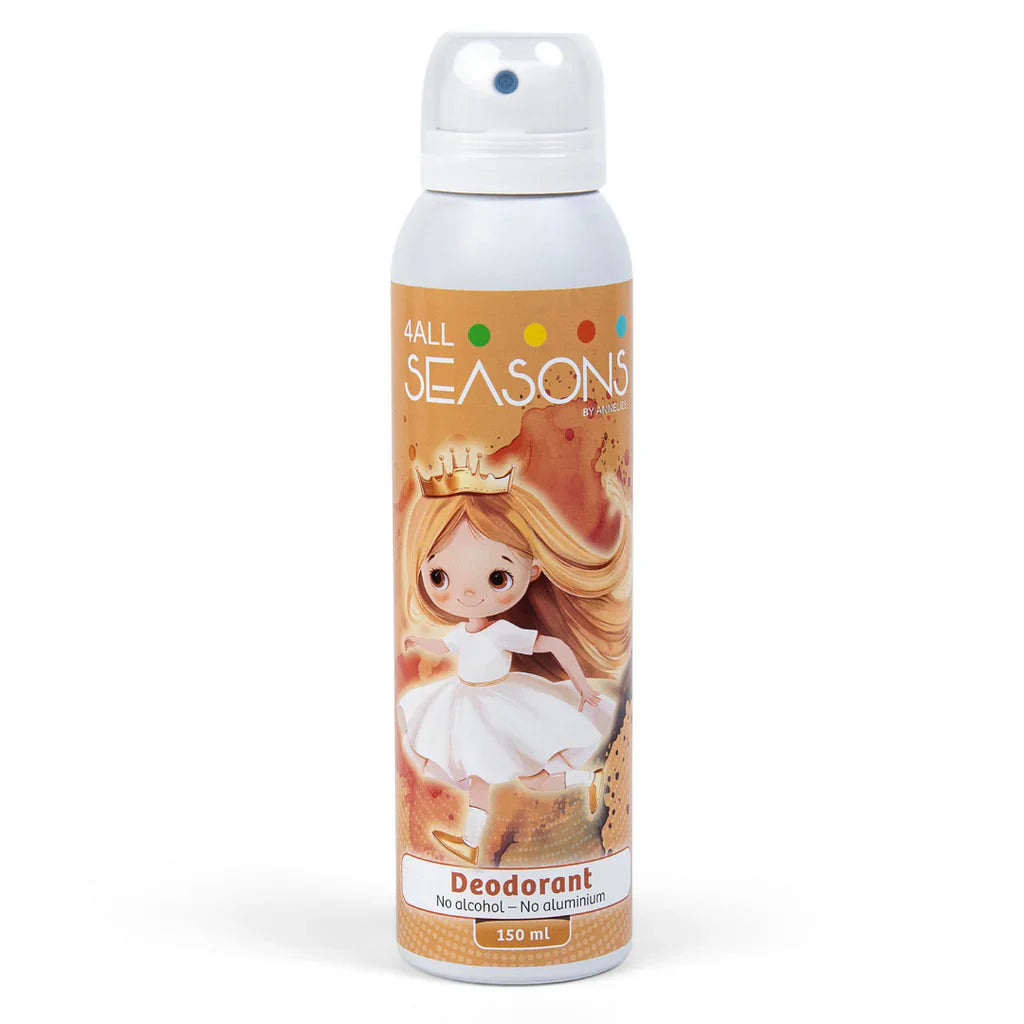 Deodorant Princess in een spuitbus van 150 ml met oranje etiket, prinses en transparante dop.