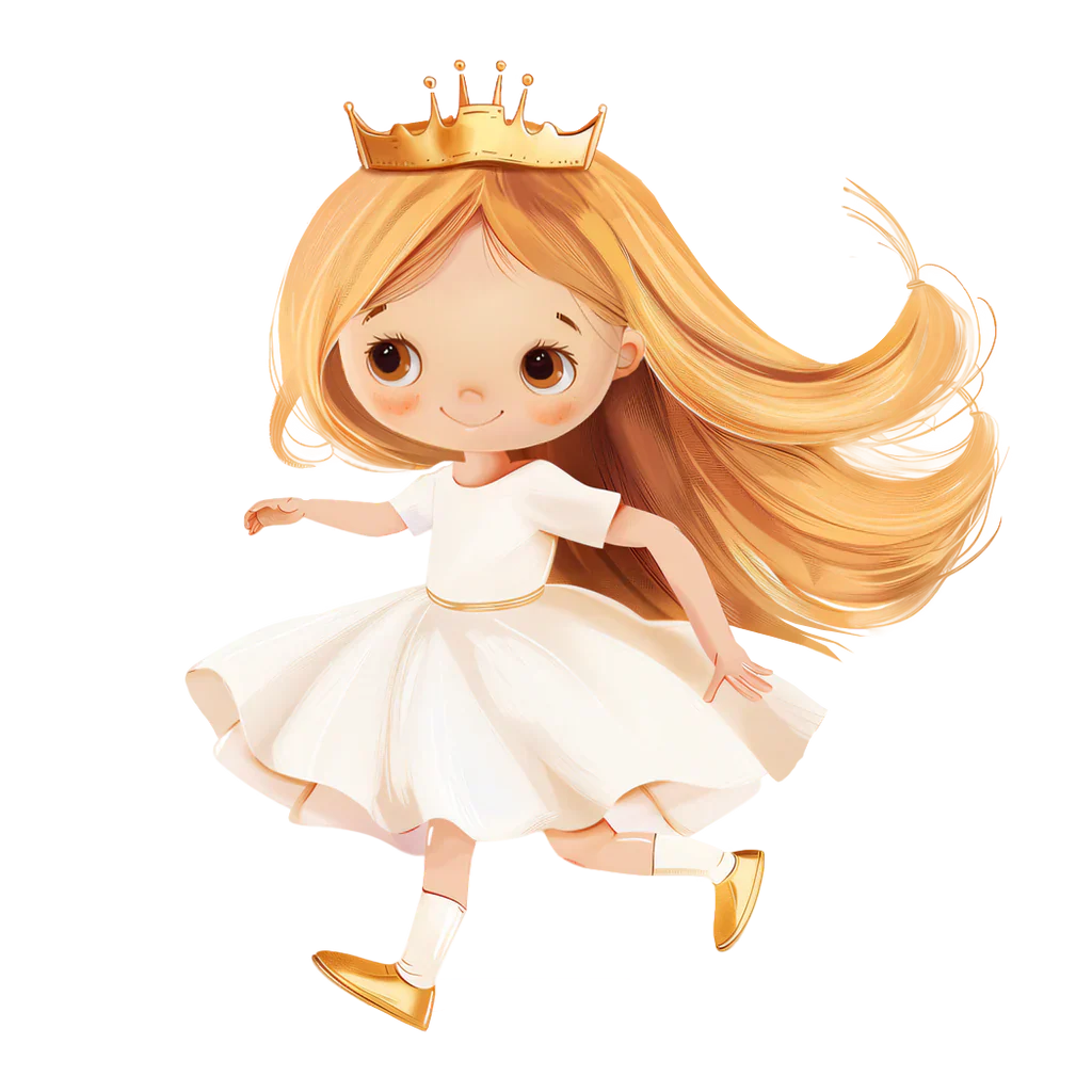 Getekende prinses met lang blond haar, gouden kroon en witte jurk, zoals op de verpakking van Deodorant Princess.
