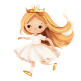 Getekende prinses met lang blond haar, gouden kroon en witte jurk, zoals op de verpakking van Deodorant Princess.