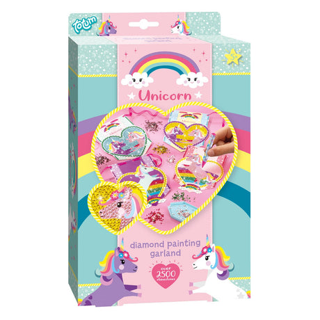 Verpakking van de Totum Diamond Painting Unicorn knutselset met kleurrijke eenhoorns en vlaggetjes met strassteentjes.