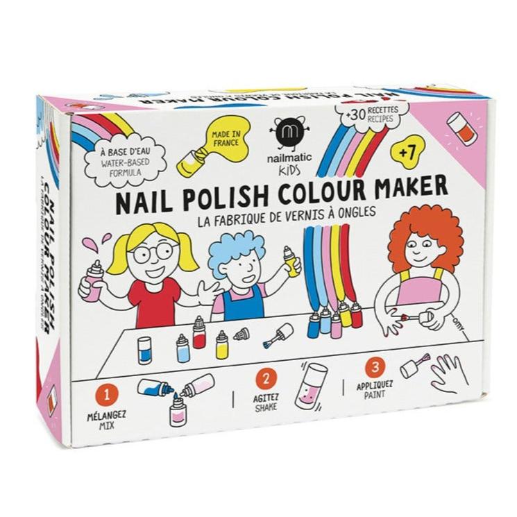 Verpakking van de Nailmatic DIY-nagellakset met kleurrijke tekeningen en stappen om zelf nagellak te maken.