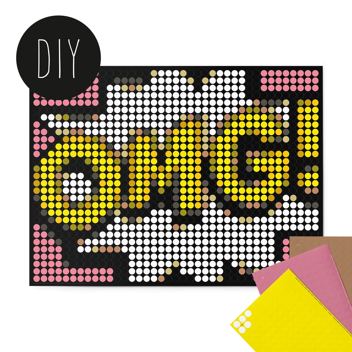 Dot On omg stickerposter met gele letters en losse stickervellen in geel, roze en bruin