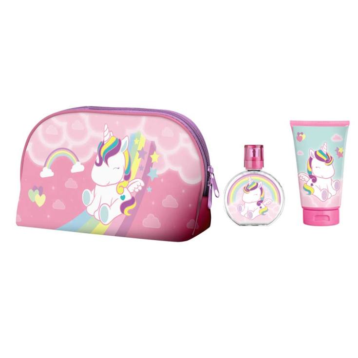 Eau My Unicorn set met roze toilettas met eenhoorn en regenboog, naast een flesje eau de toilette en douchegel