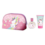 Eau My Unicorn set met roze toilettas met eenhoorn en regenboog, naast een flesje eau de toilette en douchegel