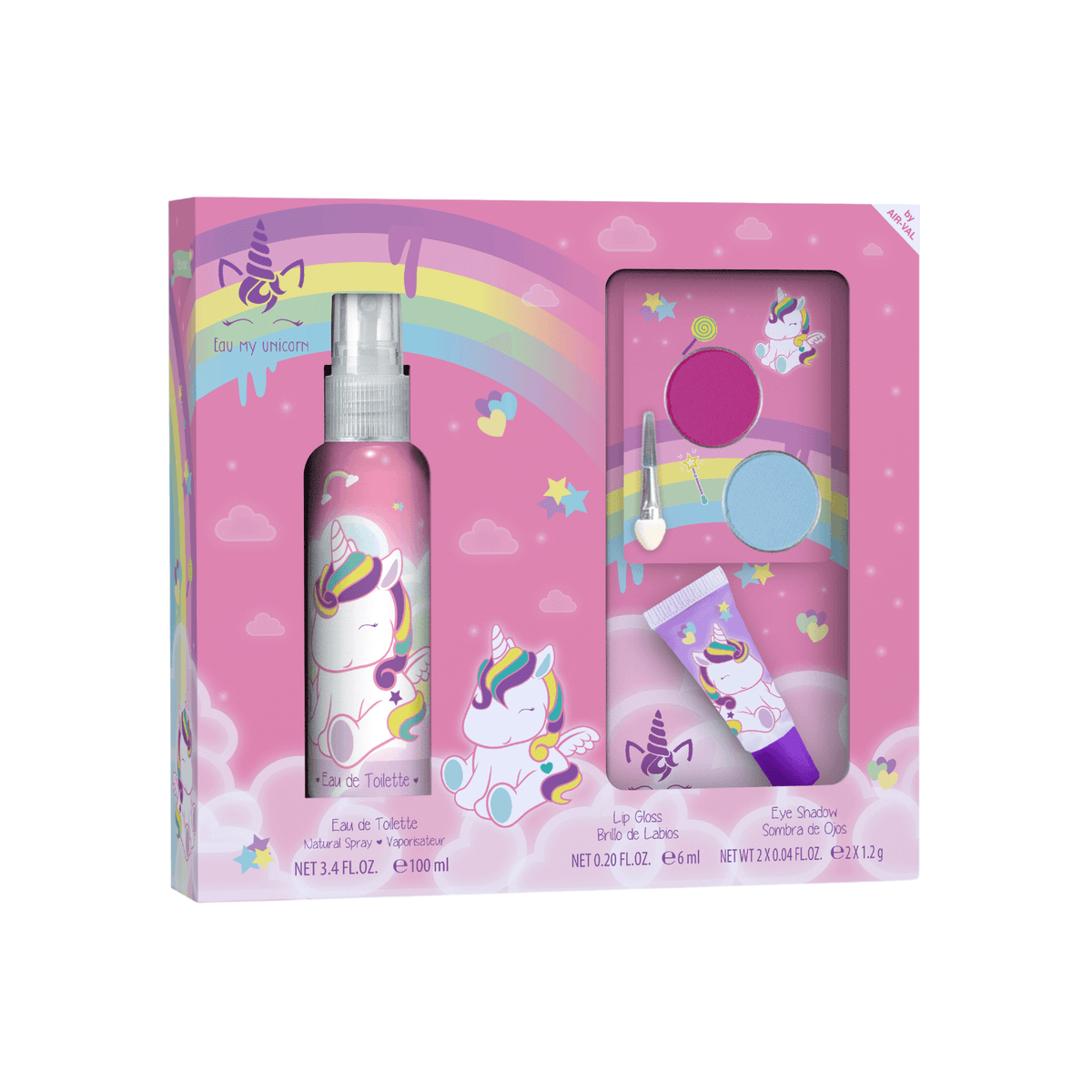 Eau My Unicorn geschenkset in roze verpakking met eau de toilette, lipgloss en oogschaduw, versierd met eenhoorns