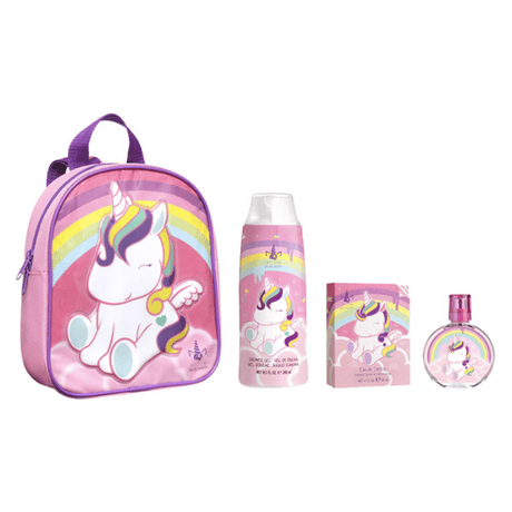 Eau My Unicorn geschenkset met roze eenhoornrugzak, douchegel, eau de toilette en doosje met regenboogmotief.