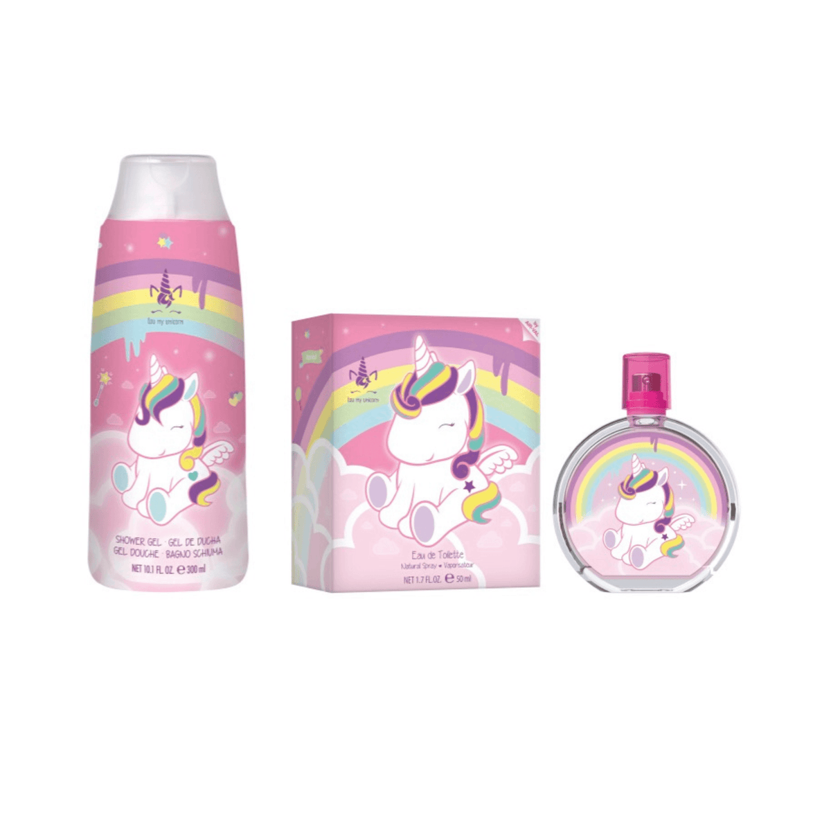 Eau My Unicorn douchegel en eau de toilette met doosje, met eenhoorns en regenbogen op de roze verpakkingen.