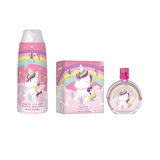 Eau My Unicorn douchegel en eau de toilette met doosje, met eenhoorns en regenbogen op de roze verpakkingen.