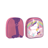 Roze Eau My Unicorn rugzak van achteren en voren, met paarse schouderbanden en een eenhoorn met regenboog op de voorkant.