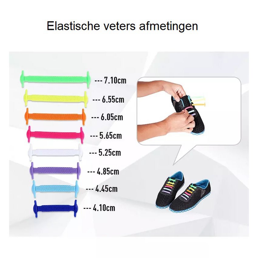 Maatoverzicht van acht elastische veters, van 4,10 tot 7,10 cm, met bevestigingsvoorbeeld en schoenen met gekleurde veters