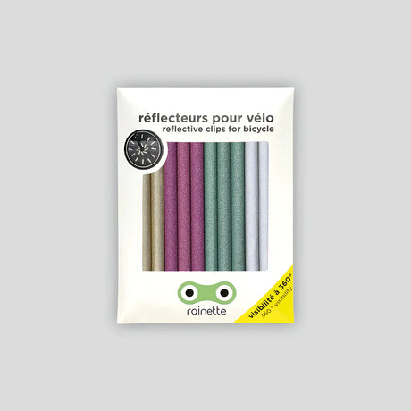 Verpakking Sparkle-fietsreflectoren met goudkleurige, paarse, groene en zilverkleurige clips.