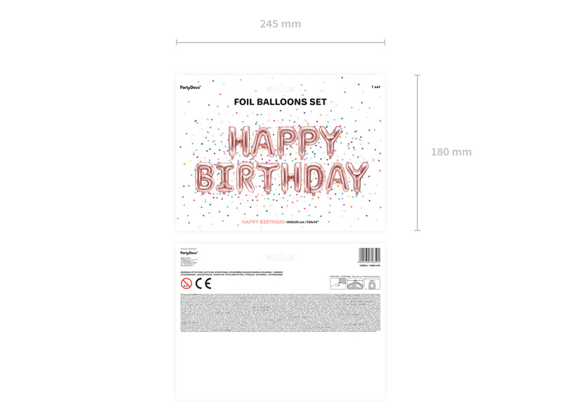 Verpakking van de roségouden Happy Birthday-folieballonnen, met voor- en achterzijde en maataanduidingen
