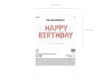 Verpakking van de roségouden Happy Birthday-folieballonnen, met voor- en achterzijde en maataanduidingen