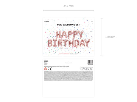 Verpakking van de roségouden Happy Birthday-folieballonnen, met voor- en achterzijde en maataanduidingen