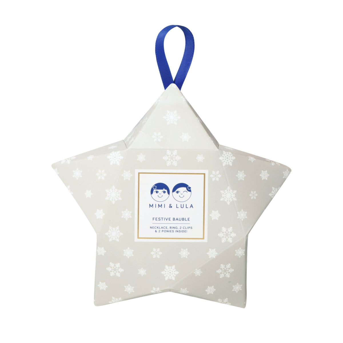 Stervormige cadeauverpakking van Mimi & Lula met witte sneeuwvlokken en een blauwe ophanglus.