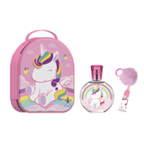 Roze Eau My Unicorn 3D zipcase met eenhoorn, rond flesje eau de toilette en lipgloss met lichtroze pompon.
