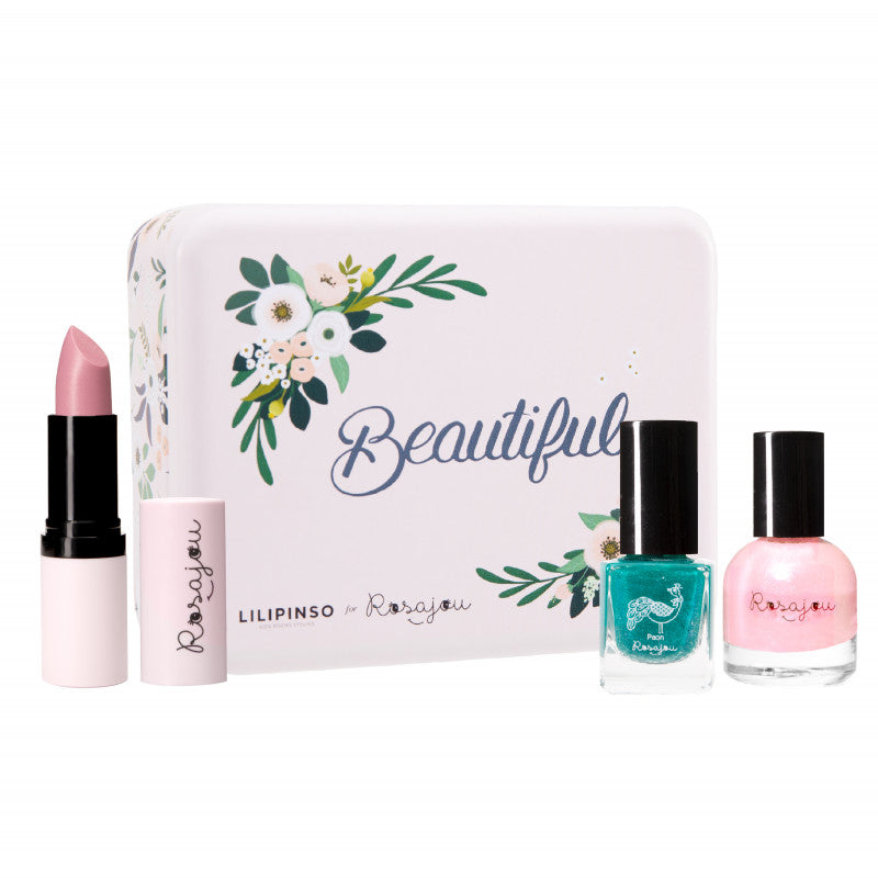 Rosajou Wonderland cadeauset met roze lippenstift, turquoise en roze nagellak voor een bloemendoosje met ‘Beautiful’