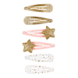 Zes Julie-haarclips: twee met goudkleurige glitters, twee roze met glittersterren en twee witte met goudkleurige sterretjes.