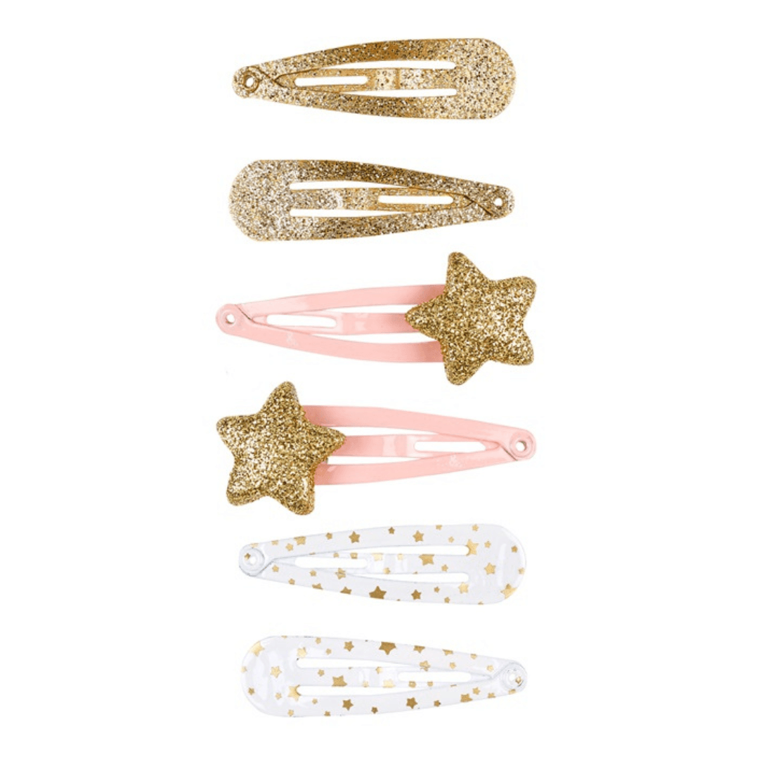 Zes Julie-haarclips: twee met goudkleurige glitters, twee roze met glittersterren en twee witte met goudkleurige sterretjes.