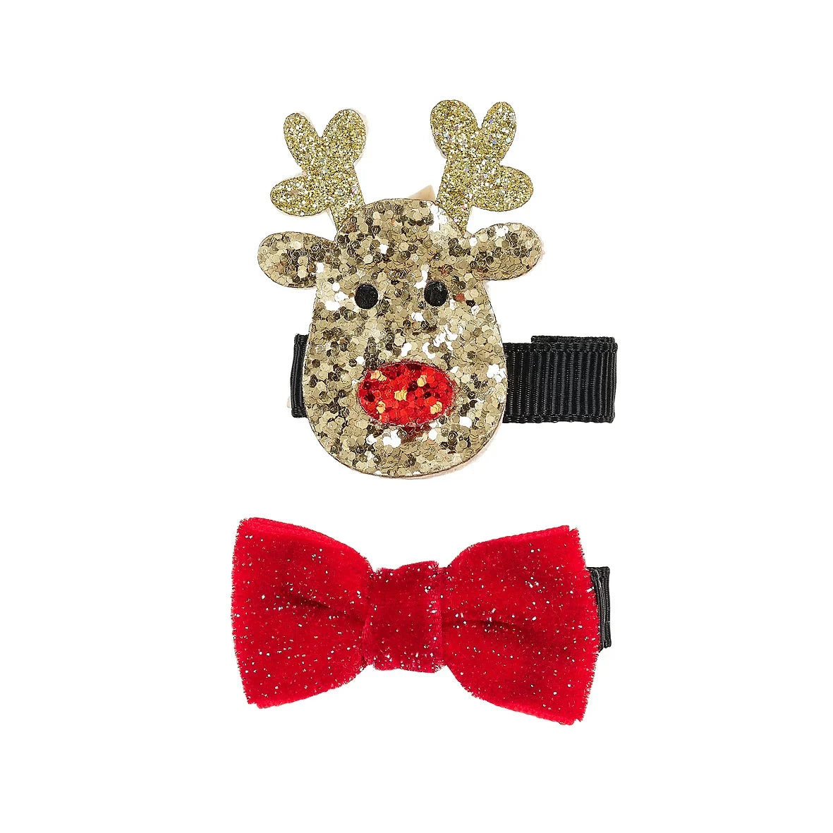 Twee haarclips met een goudkleurig glitterrendier met rode neus en een rode glitterstrik op zwarte clips.