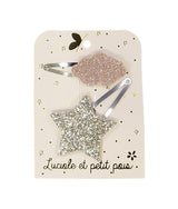 Haarspelden met een goudkleurige glitterster en een rosékleurige glitterwolk op een kaartje.
