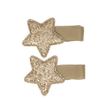 Twee haarspeldjes Glitter Star met goudkleurige glittersterren en beige beklede clips.