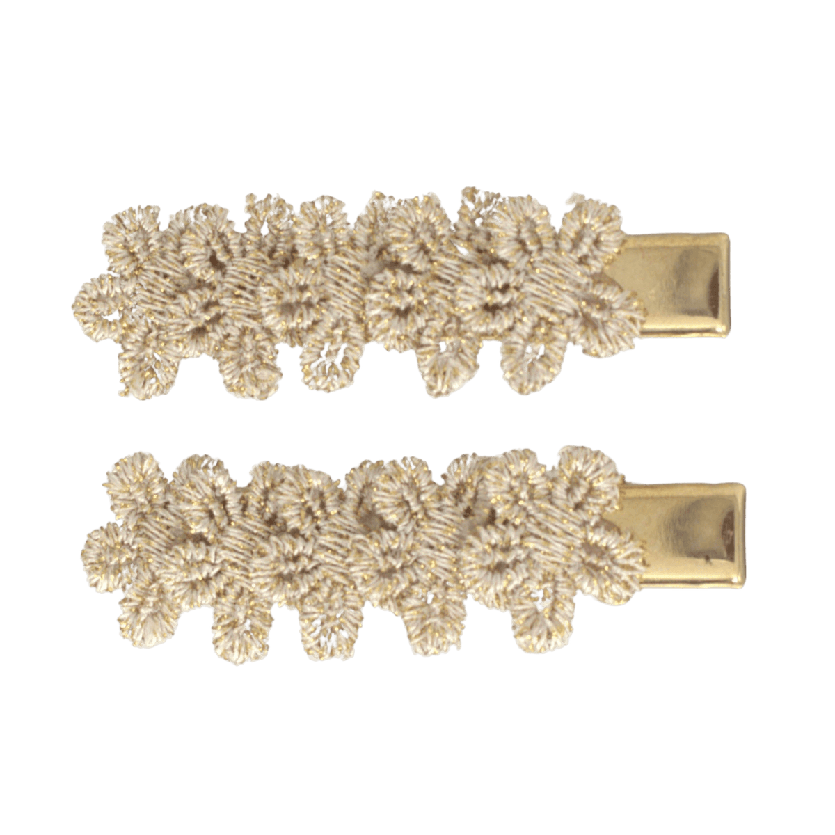 Twee Golden Flowers haarspeldjes met goudkleurige bloemen, onder elkaar op een effen achtergrond.