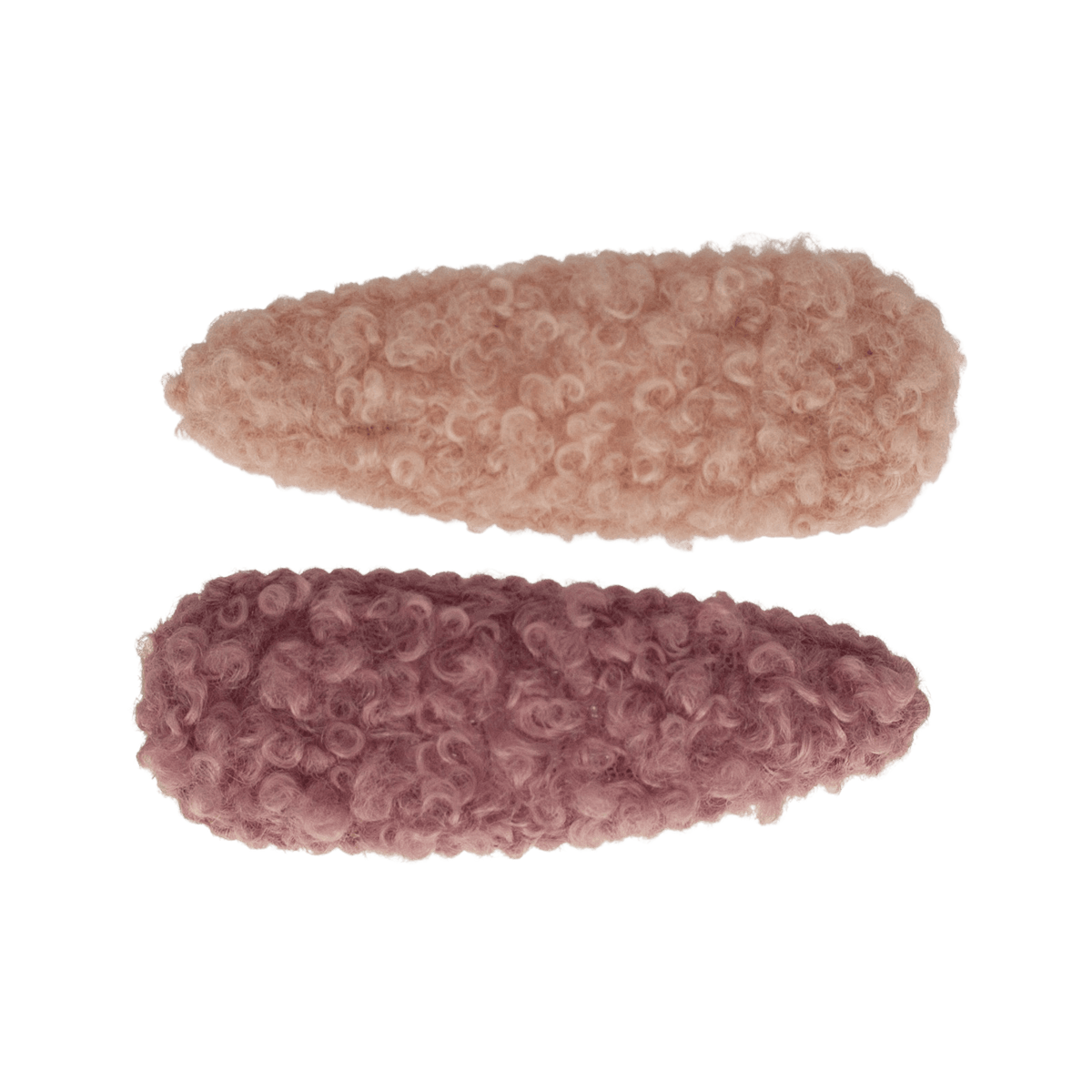 Set van twee druppelvormige Teddy Candy haarspeldjes met teddystof in beige en oudroze.