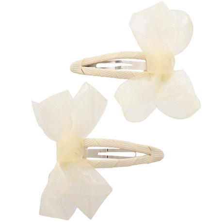 Set van twee crèmekleurige haarspeldjes met gedraaide bekleding en doorschijnende organza strikjes.