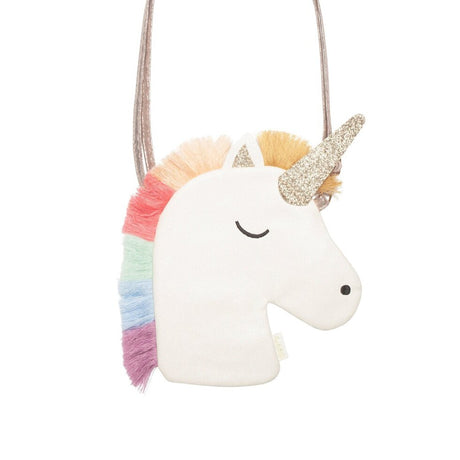 Witte eenhoornhandtas met regenboogmanen, een goudkleurige glitterhoorn en een goudkleurige schouderriem.