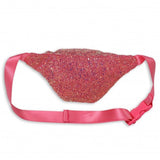 Roze glitterheuptasje met brede verstelbare roze riem en kliksluiting, gezien vanaf de achterkant.