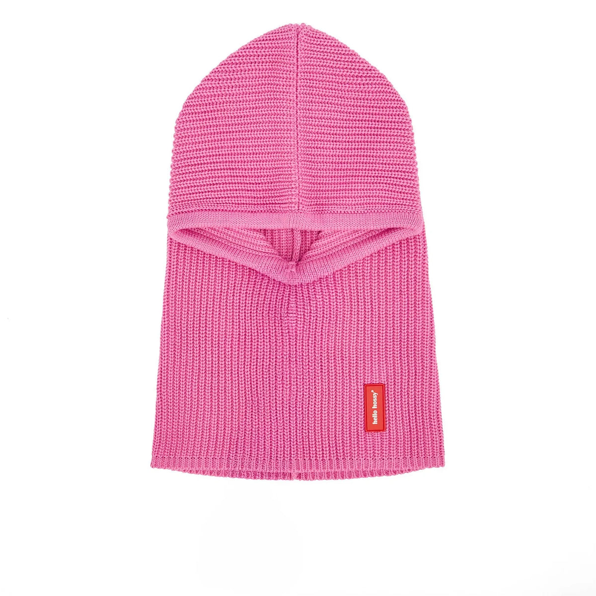 Roze Hoody Lila van Hello Hossy, vooraanzicht met gezichtsopening en rood merklabel op een witte achtergrond.