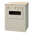 Beige houten speelkeuken met drie kookpitten, vier houten draaiknoppen en een oven met venster.