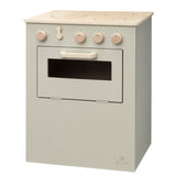 Beige houten speelkeuken met drie kookpitten, vier houten draaiknoppen en een oven met venster.