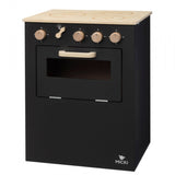 Zwarte houten speelkeuken met drie kookpitten, vier houten draaiknoppen en een ovendeur met venster.