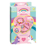 Verpakking van de Unicorn juwelenset met regenbogen, eenhoorns en voorbeelden van kleurrijke sieraden.