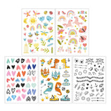 Vijf vellen kindertattoos Jij & Ik met kleurrijke hartjes, eenhoorns, dinosaurussen, bloemen en zwarte tekeningen.