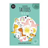 Mintgroene verpakking van kindertattoos Jij & Ik met eenhoorns, dinosaurussen, regenbogen, hartjes en raketten.