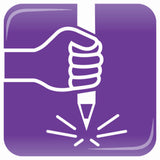 Paars pictogram van een hand die een kleurpotlood vasthoudt, met de punt naar beneden.