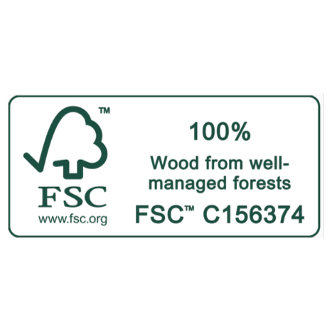 Groen FSC-label met de tekst ‘100% hout uit goed beheerde bossen’ en code C156374.