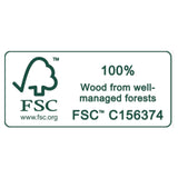 Groen FSC-label met de tekst ‘100% hout uit goed beheerde bossen’ en code C156374.