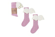Roze kniekousen Pink Angles voor mama met witte vleugeltjes, los en opgerold met een wikkel.