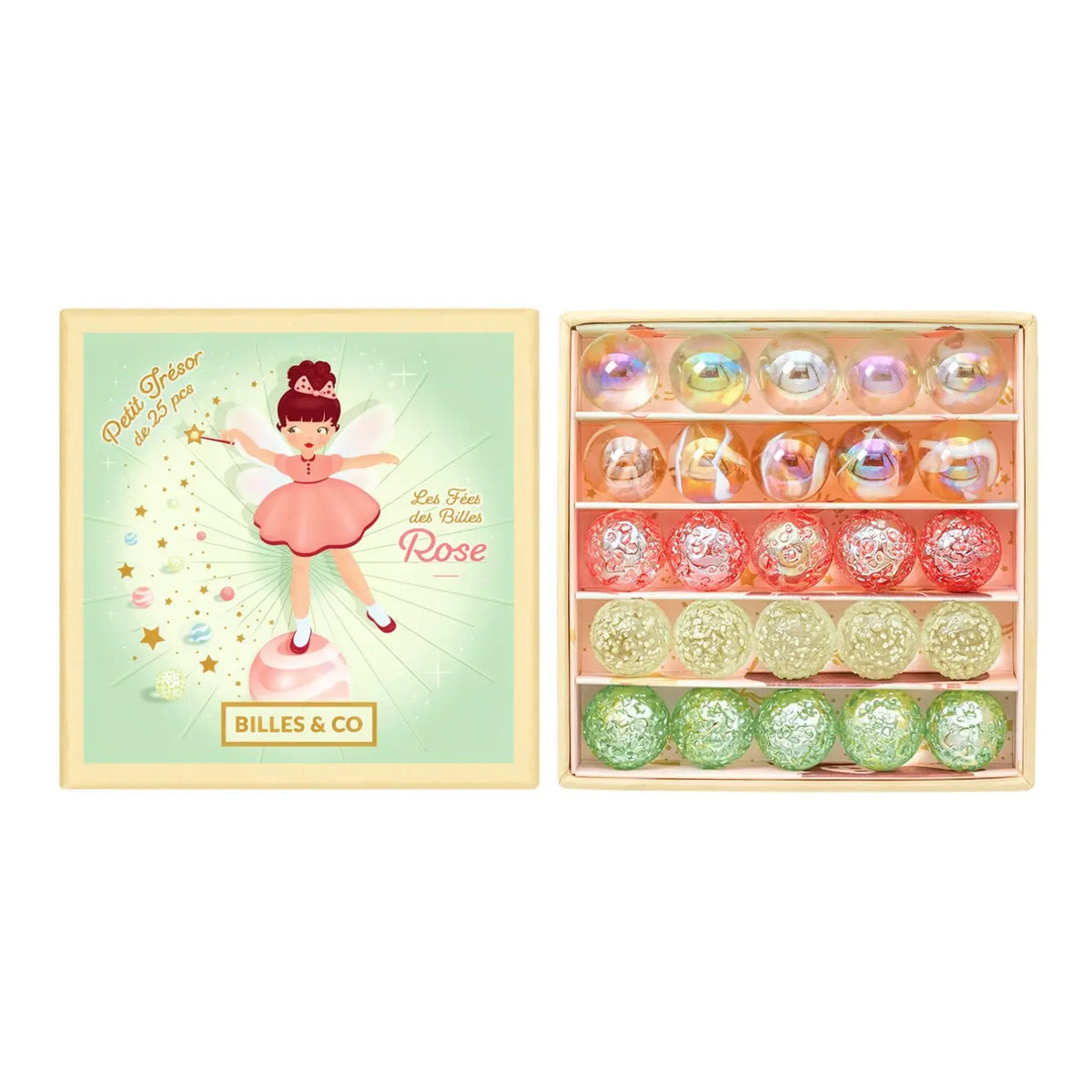 Knikkers Pink Fairy's Treasure in een open doosje met kleurrijke knikkers en een deksel met een roze fee.