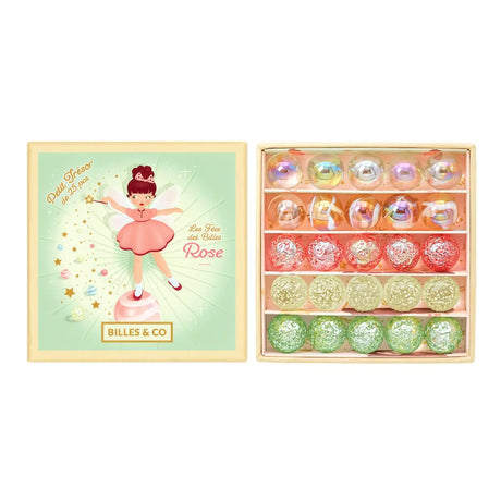 Knikkers Pink Fairy's Treasure in een open doosje met kleurrijke knikkers en een deksel met een roze fee.