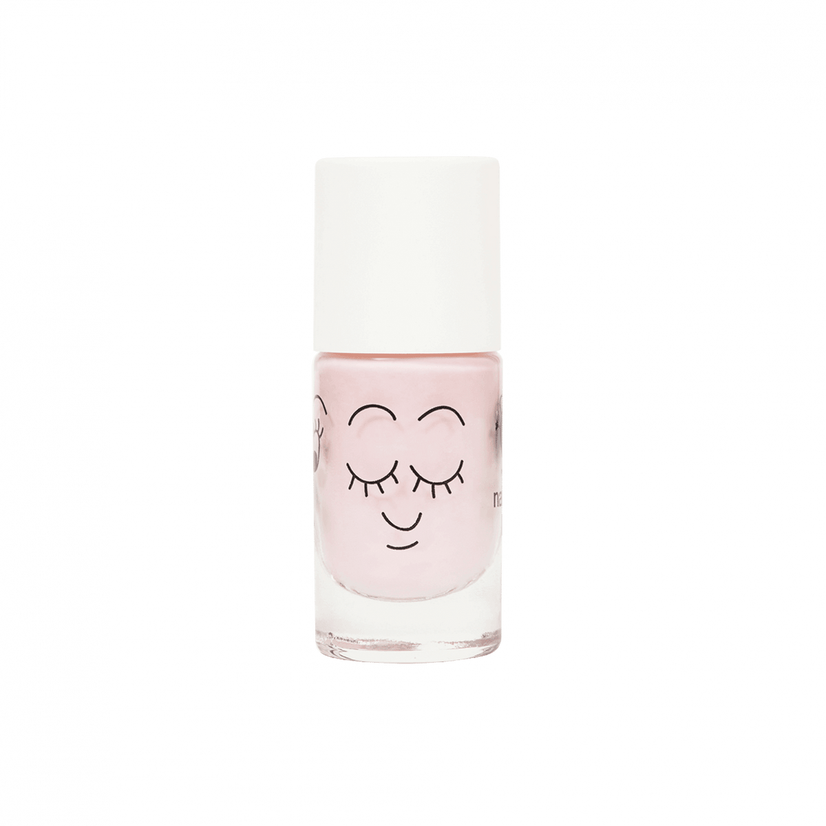 Lichtroze nagellak in een doorzichtig flesje met witte dop en een getekend gezichtje met gesloten ogen.