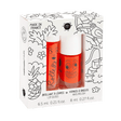 Tropical cadeauset met lipgloss en oranje nagellak in een witte doos met zwart-witte tekeningen.