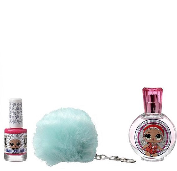 LOL nagellak, lichtblauwe pomponsleutelhanger en rond flesje eau de toilette met roze dop.