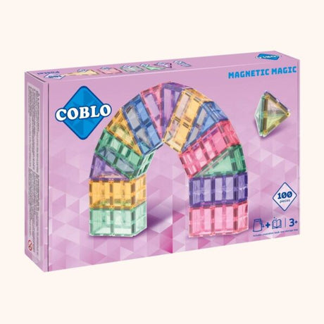 Roze Coblo-verpakking met een boog van magnetische bouwblokken in pastelkleuren, set van 100 stuks